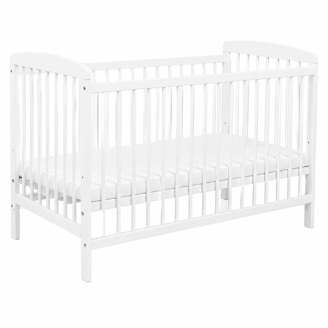 Klassisches Babybett aus Kiefernholz, Weiß, 120x60 cm, mit 3-fach höhenverstellbarem Lattenrost und Schlupfsprossen