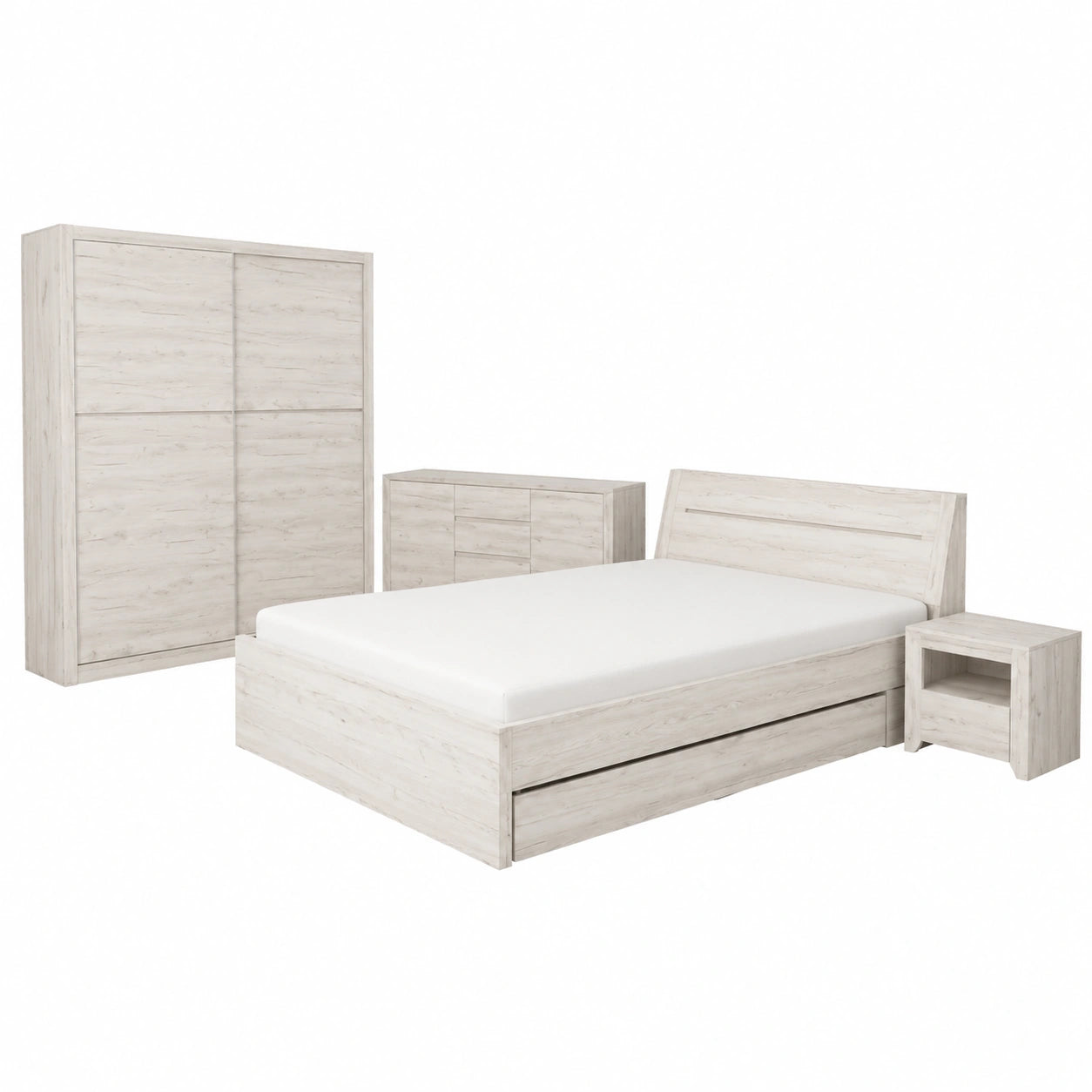 Modernes 8-teiliges Schlafzimmer-Set aus Craft Eiche und Weiß mit Bett 140x200cm, Kleiderschrank, Wandregal, Kommode, 2 Nachttischen und 2 Bettschubladen