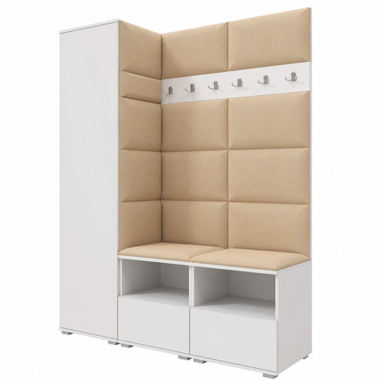 RAVIO Dielenmöbel-Set 150 cm mit Schuhschrank und Sitzbank, Garderobenpaneel & Wandpolster, Push-to-Open Türen - Weiß/Beige