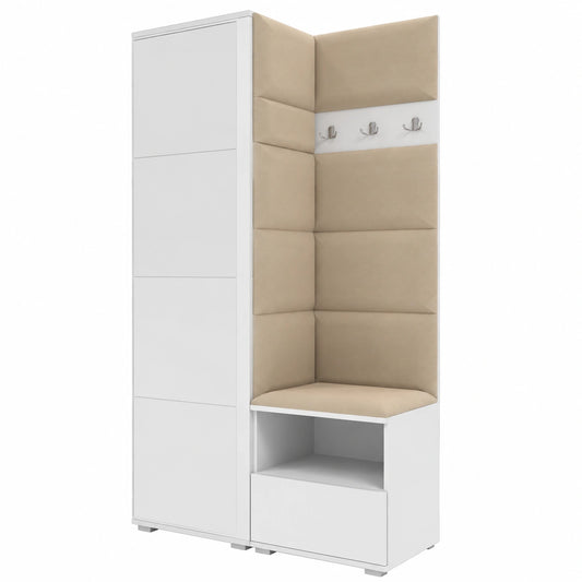 RAVIO Flurgarderobe Set 100 cm mit Spiegel, Schuhschrank und Sitzbank, modernes Design in Weiß und Beige