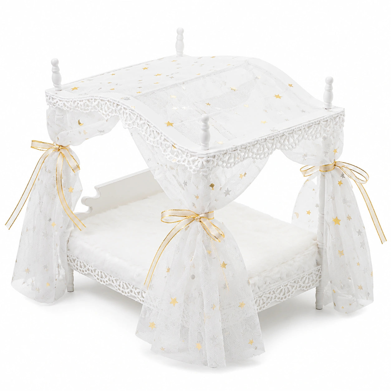 Odoria Puppenhaus Prinzessin Himmelbett 1/12 für 15cm Puppenschlafzimmer, Weißes Luxuriöses Miniaturbett aus Holz