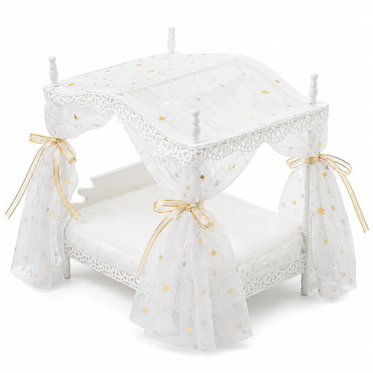 Odoria Puppenhaus Prinzessin Himmelbett 1/12 für 15cm Puppenschlafzimmer, Weißes Luxuriöses Miniaturbett aus Holz