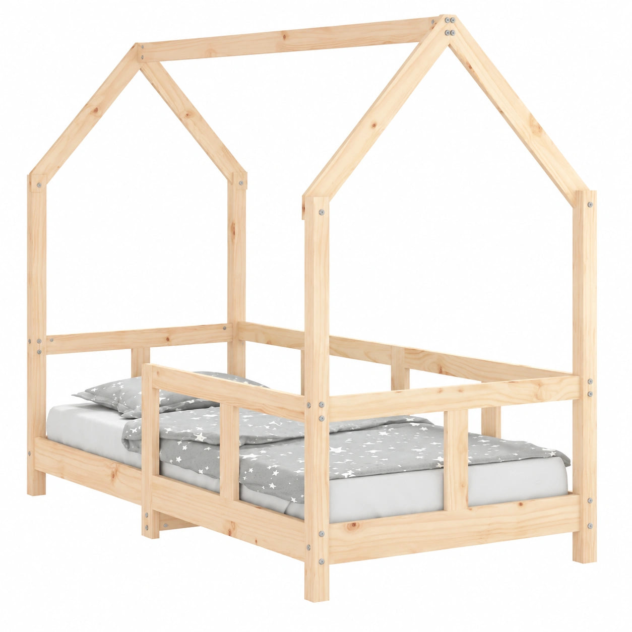 Hochwertiges 70x140 cm Kiefernholz Kinderbett mit Lattenrost, umbaubar, mit Schlupfsprossen und Stauraum