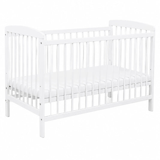 Klassisches Babybett aus Kiefernholz, Weiß, 120x60 cm, mit 3-fach höhenverstellbarem Lattenrost und Schlupfsprossen
