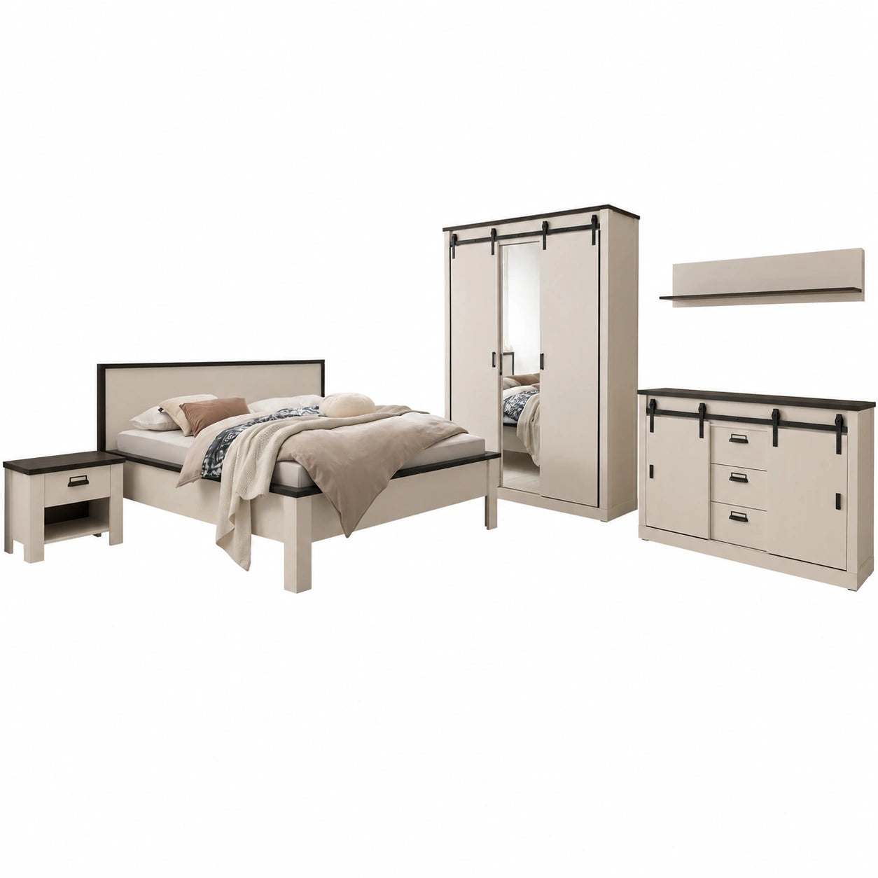 6-teiliges Schlafzimmer-Set im Industrial Design, Weiß Pinie und Anthrazit, mit 180 cm Bett, Kleiderschrank, 2 Nachttischen, Wandregal und Sideboard
