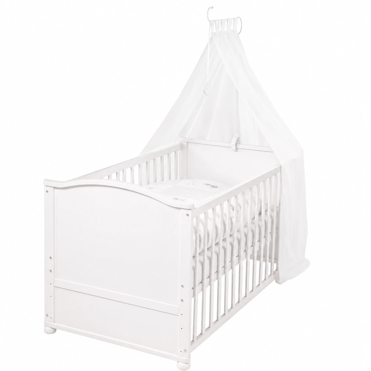 Mitwachsendes Babybett Set aus Holz, inkl. Matratze und Bettwäsche, höhenverstellbar, 70x140 cm, umbaubar zum Juniorbett