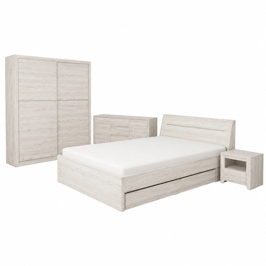 Modernes 8-teiliges Schlafzimmer-Set aus Craft Eiche und Weiß mit Bett 140x200cm, Kleiderschrank, Wandregal, Kommode, 2 Nachttischen und 2 Bettschubladen